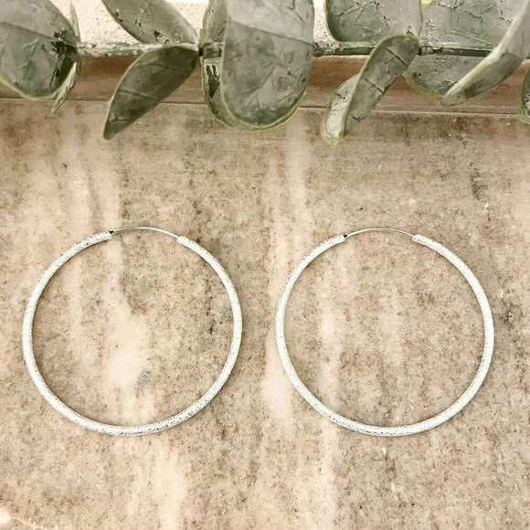 925 Sterling Silver Hoop Earrings Textured Hoops 2 Inch Hoop Earrings